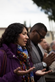 A short prayer was delivered by different denominations at the “Interview with an Icon” mural unveiling on Dec. 2, 2015 in San Jose, Calif. (Randy Vazquez)