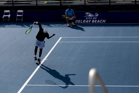 Donald Young serves to Ivo Karlović during their match at the Delray Beach Open at the Delray Beach Tennis Center on Tuesday, Feb. 21, 2017. Randy Vazquez, South Florida Sun-Sentinel