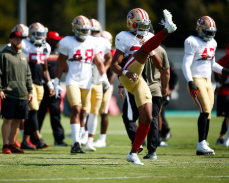 San Francisco 49ers' cornerback Ahkello Witherspoon (23), center, warms up during training camp at the teams' practice facility in Santa Clara, Calif., on Tuesday, July 31, 2018. (Randy Vazquez/ Bay Area News Group)