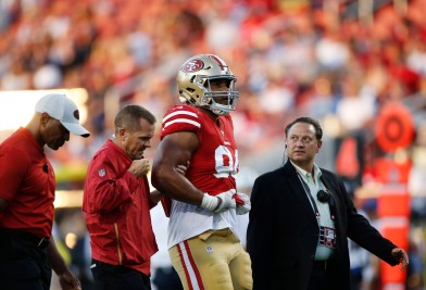 San Francisco 49ers' Solomon Thomas (94) gets taken off the field in the first quarter of their preseason NFL game versus the Dallas Cowboys at Levi's Stadium in Santa Clara, Calif., on Thursday, Aug. 9, 2018. (Randy Vazquez/ Bay Area News Group)