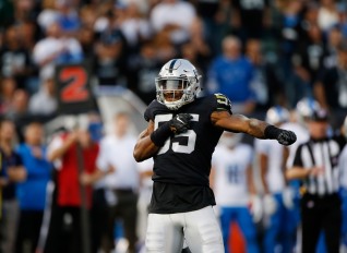 Oakland Raiders' Marquel Lee (55), celebrates after a tackled in the second quarter of their preseason NFL game versus the Detroit Lions at the Coliseum in Oakland, Calif., on Friday, Aug. 10, 2018. (Randy Vazquez/ Bay Area News Group)