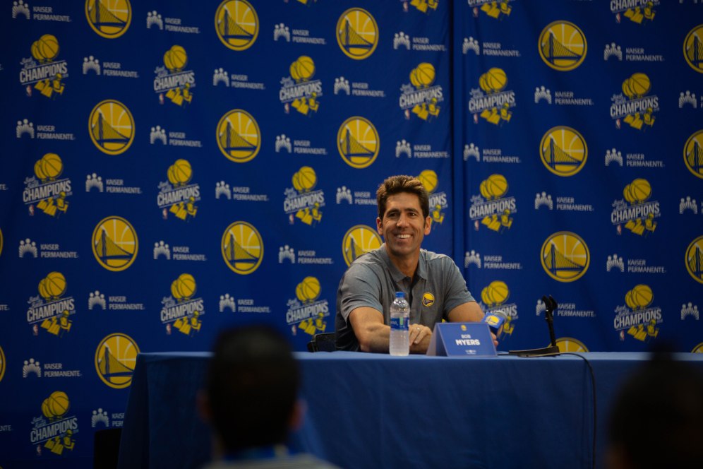 General manager Bob Myers talks to the media during Golden State Warriors Media Day in Oakland, Calif., on Monday, Sep. 24, 2018. (Randy Vazquez/Bay Area News Group)