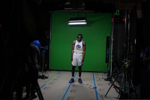 Kevon Looney smiles during Golden State Warriors Media Day in Oakland, Calif., on Monday, Sep. 24, 2018. (Randy Vazquez/Bay Area News Group)