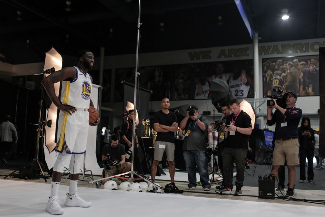 Draymond Green, left, poses for a photo during Golden State Warriors Media Day in Oakland, Calif., on Monday, Sep. 24, 2018. (Randy Vazquez/Bay Area News Group)