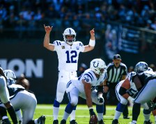 Indianapolis Colts starting quarterback Andrew Luck (12), center, calls out a play versus the Oakland Raiders in the first quarter of their NFL game at the Coliseum in Oakland, Calif., on Sunday, Oct. 28, 2018. (Randy Vazquez/Bay Area News Group)