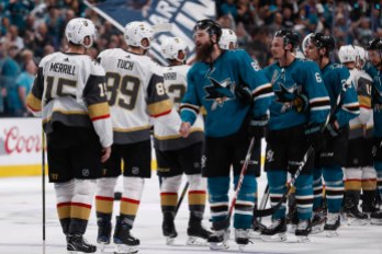 SAN JOSE, CA - APRIL 23: San Jose Sharks' Brent Burns (88), center, shakes hands with Vegas Golden Knights' Alex Tuch (89) after their NHL first round playoff series game at the SAP Center in San Jose, Calif., on Tuesday, April 23, 2019. The Sharks would end up winning the game 5-4 in overtime. (Randy Vazquez/Bay Area News Group)